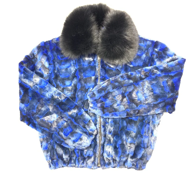 Kashani Women's Blue Diamond Cut Mink Fur Coat Sporty Zip-Up Jacket