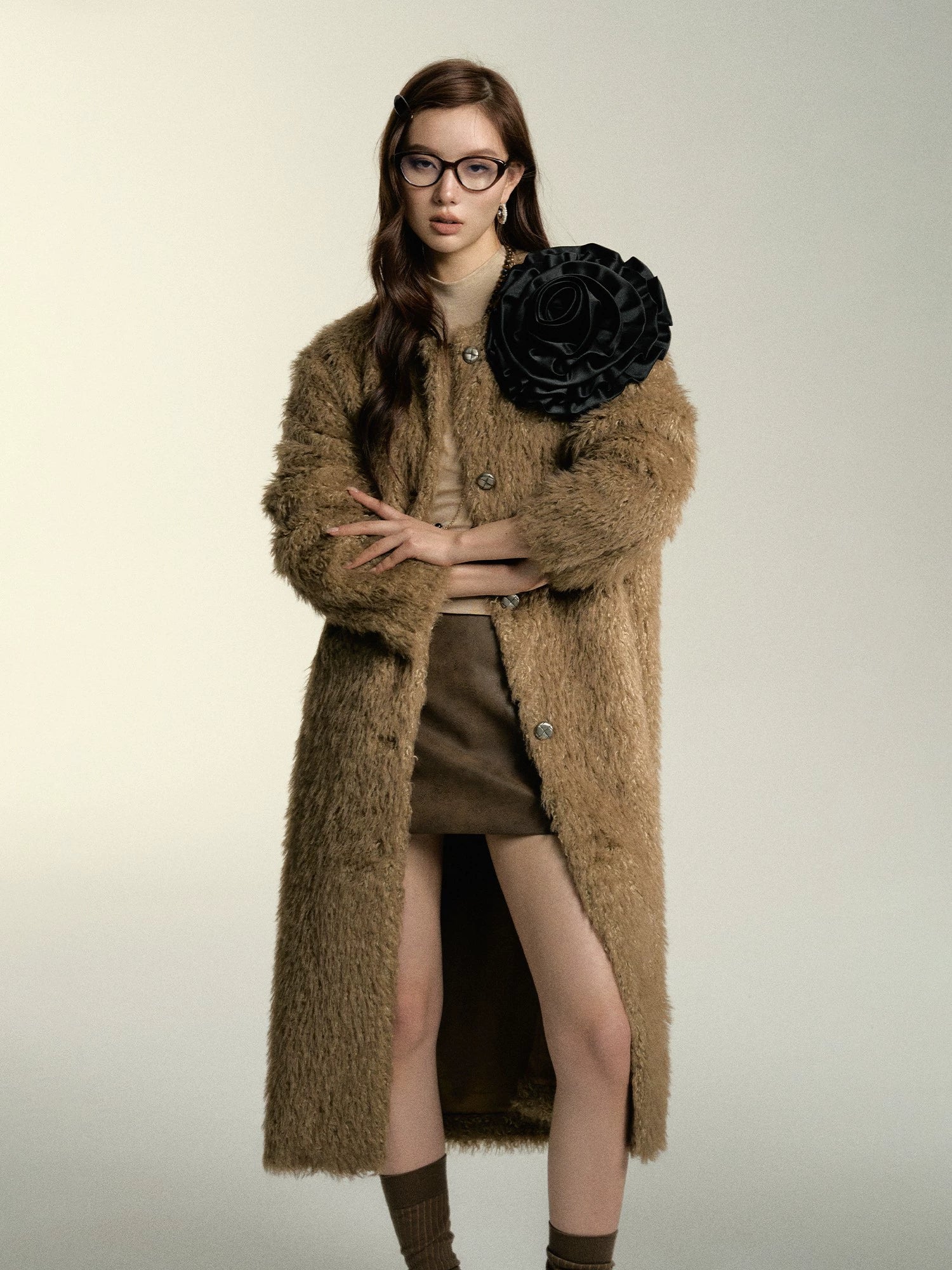 Khaki & Milk White Long Suede Fur Coat