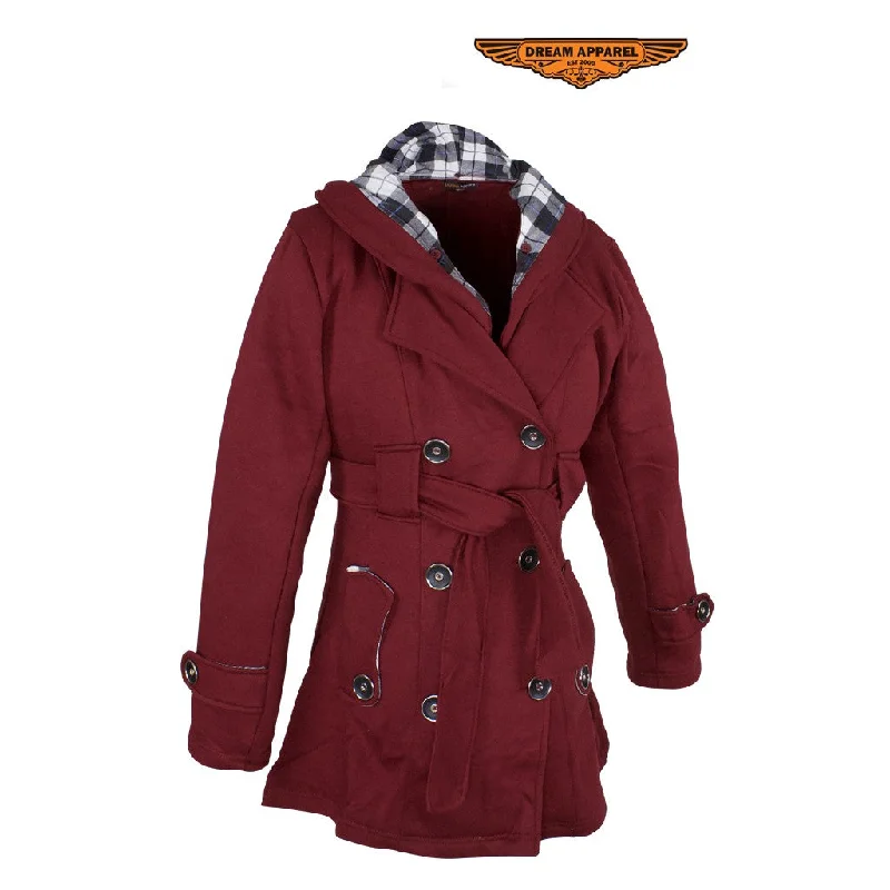Ladies Burgundy Button Up Coat W/ Belt and Removable Hood Structured Wool Blazer