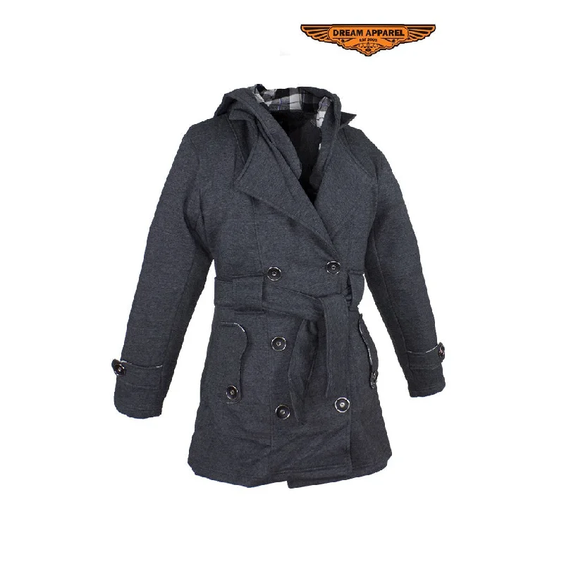 Ladies Dark Grey Button Up Coat W/ Belt and Removable Hood Puff Sleeve Overcoat