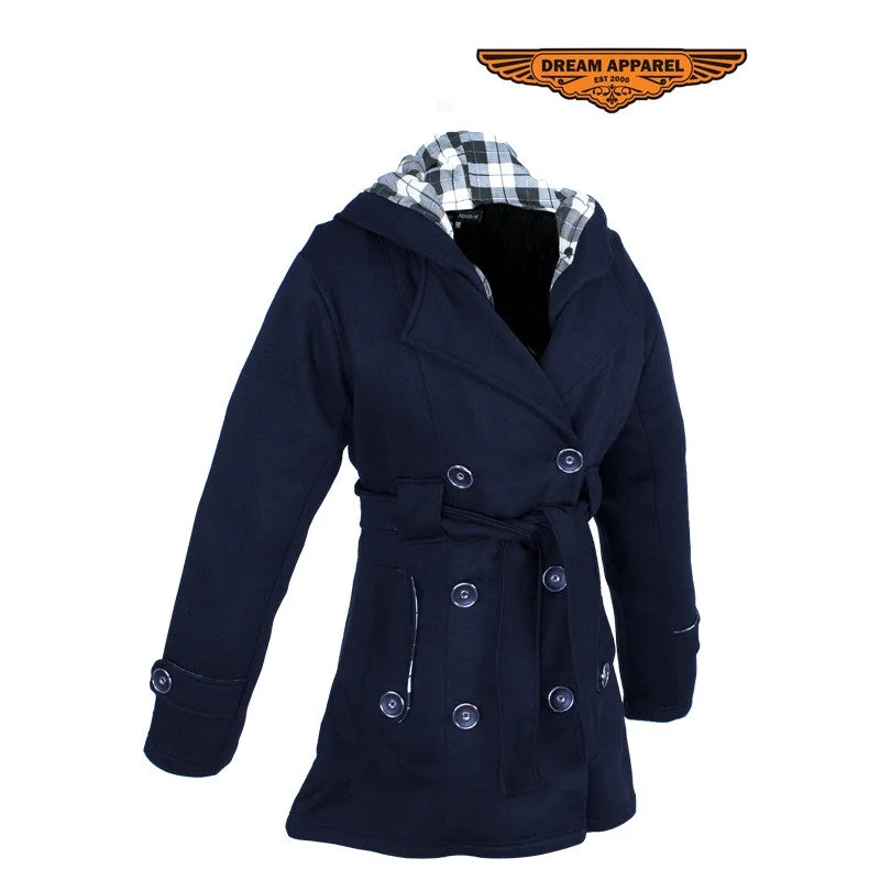 Ladies Navy Button Up Coat W/ Belt and Removable Hood Draped Longline Jacket