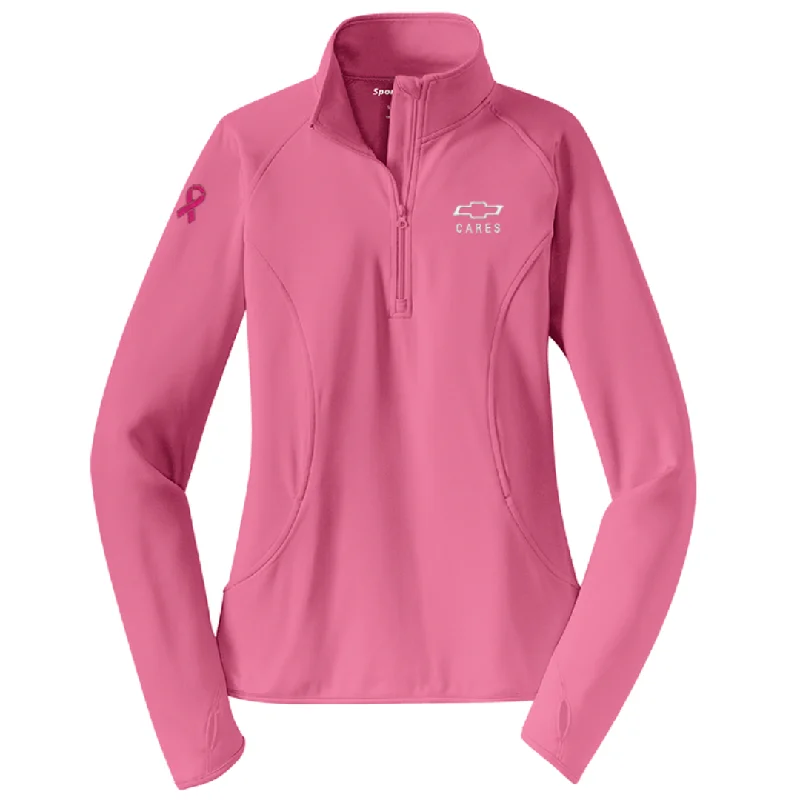 Ladies Pink Half Zip Pullover - Chevy Cares x Breast Cancer Awareness Short Sleeve Top