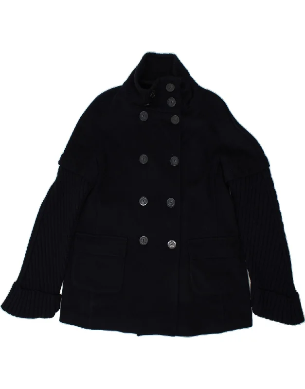 LES COPAINS Womens Double Breasted Coat IT 48 XL Navy Blue Virgin Wool Belted Wool Overcoat
