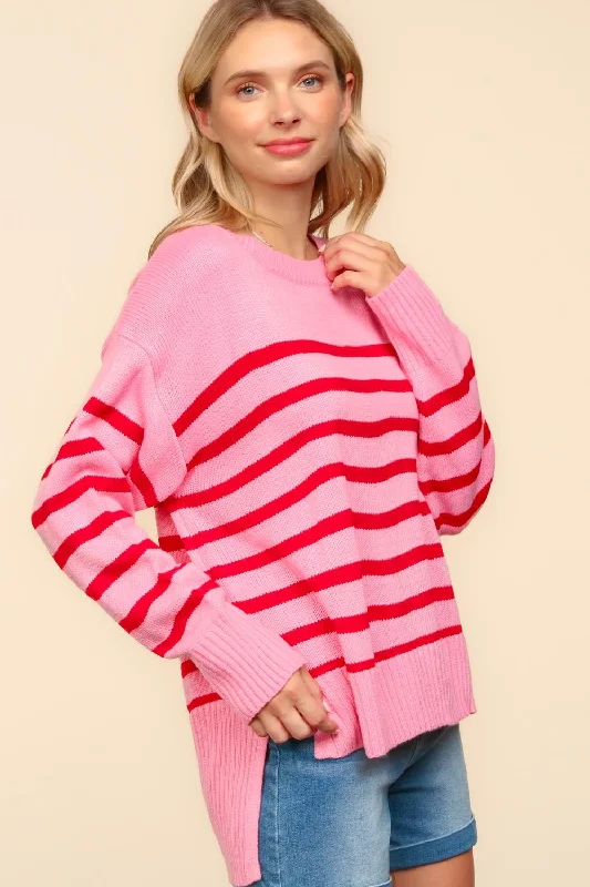 LOOSE FIT HIGH LOW PULLOVER STRIPE SWEATER