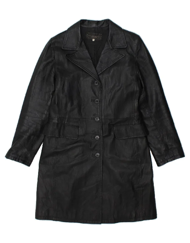 NEW COLLECTION Womens Leather Coat IT 46 Large Black Leather Double-Breasted Trench