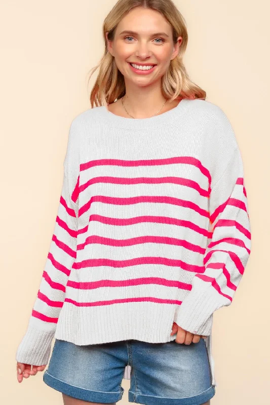 PLUS LOOSE FIT HIGH LOW PULLOVER STRIPE SWEATER