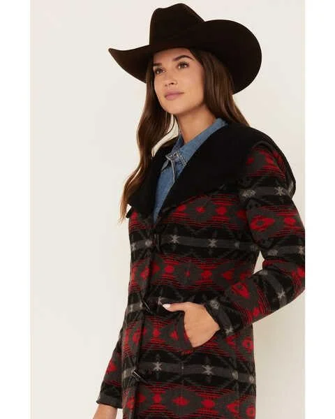 Powder River Ladies Black & Red Aztec Wool Long Coat PRWO92R0FX Flowy Lightweight Kimono