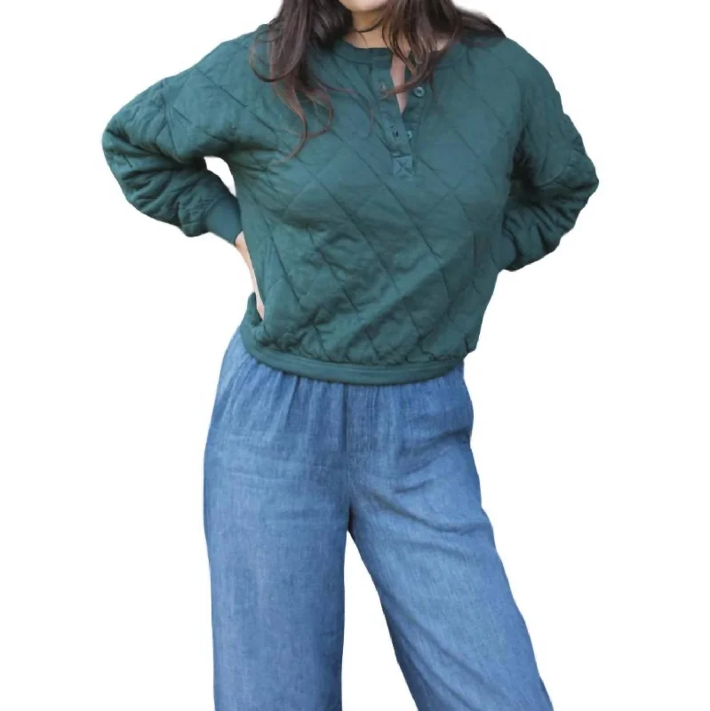 Quilted Oversized Henley Pullover In Rainforest Hooded Pullover Sweater
