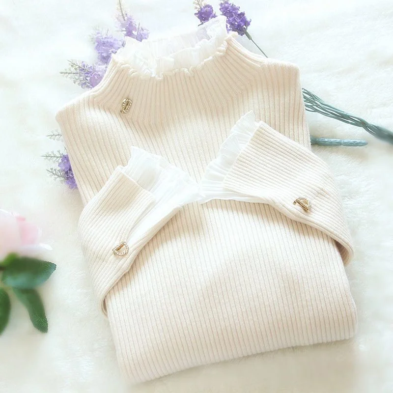 Sweater Women's Turtleneck Lace Ruffle Pullover Women's Trumpet Sleeve Top Solid Color Knitwear Trending Sweater Autumn Winter Peter Pan Collar Sweater Women's Turtleneck Lace Ruffle Pullover Women's Trumpet Sleeve Top Solid Color Knitwear Trending Sweater Autumn Winter Peter Pan Collar