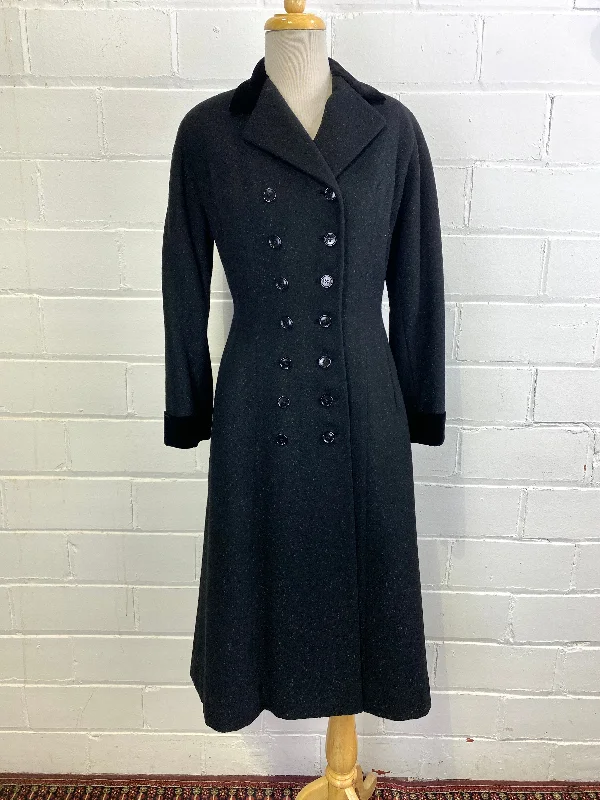 Vintage 1950s Black Wool Military-Style Double Breast Coat, XS-S