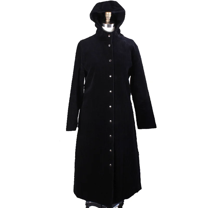 Vintage 1970s Vuokko Suomi Finland Black Cotton Corduroy Coat Snap Front Mod 42