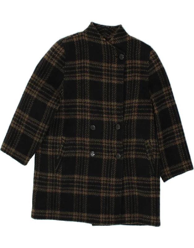VINTAGE Womens Double Breasted Coat IT 50 XL Black Check Cropped Tweed Jacket