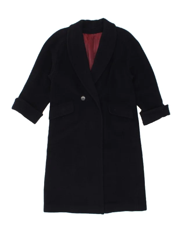 VINTAGE Womens Double Breasted Coat UK 14 Large Navy Blue Wool Cropped Fleece Jacket VINTAGE Womens Double Breasted Coat UK 14 Large Navy Blue Wool Cropped Fleece Jacket