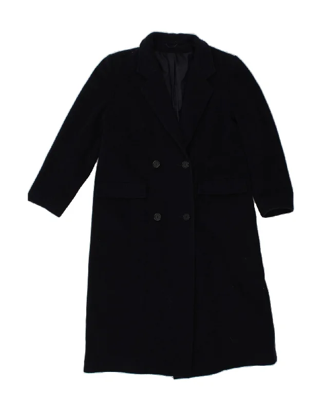 VINTAGE Womens Double Breasted Coat UK 14 Medium Navy Blue Cashmere Adjustable Waist Parka