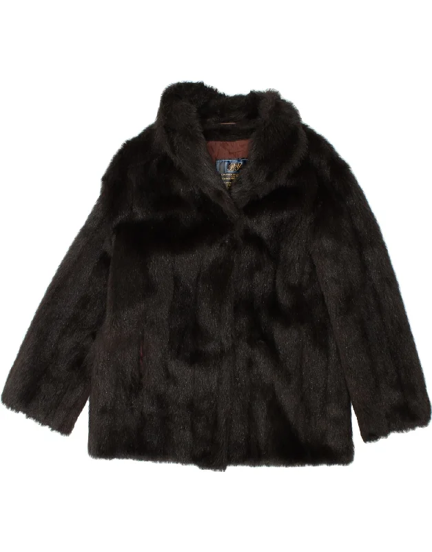 VINTAGE Womens Faux Fur Coat UK 10 Small Black Modacryl Drape Front Waterfall Coat