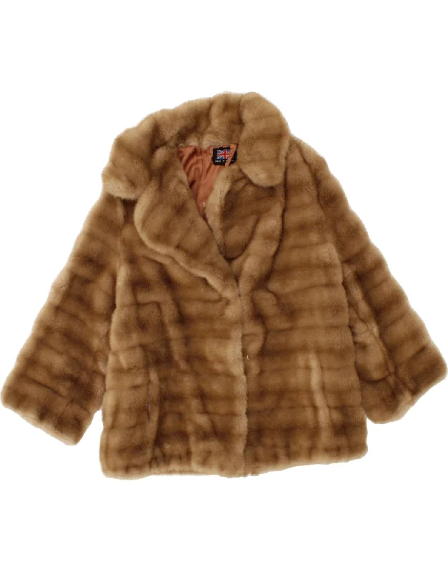 VINTAGE Womens Faux Fur Coat UK 10 Small Brown Striped Button-Up Cardigan Coat