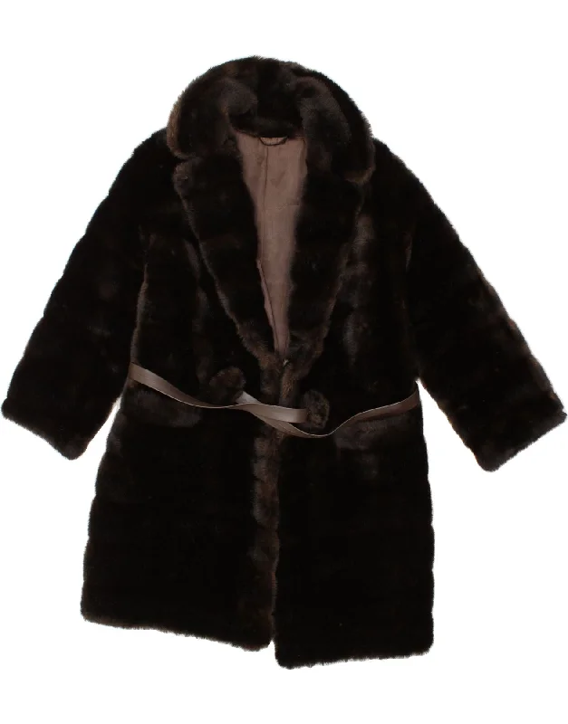 VINTAGE Womens Faux Fur Coat UK 16 Large Brown Casual Open-Front Coat