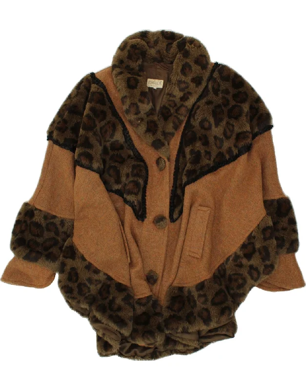 VINTAGE Womens Faux Fur Poncho Coat One Size Brown Animal Print Buttoned Peplum Coat VINTAGE Womens Faux Fur Poncho Coat One Size Brown Animal Print Buttoned Peplum Coat