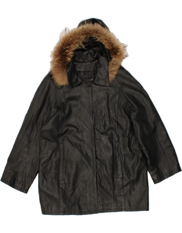 VINTAGE Womens Hooded Leather Coat IT 50 XL Black Fitted Tailored Blazer