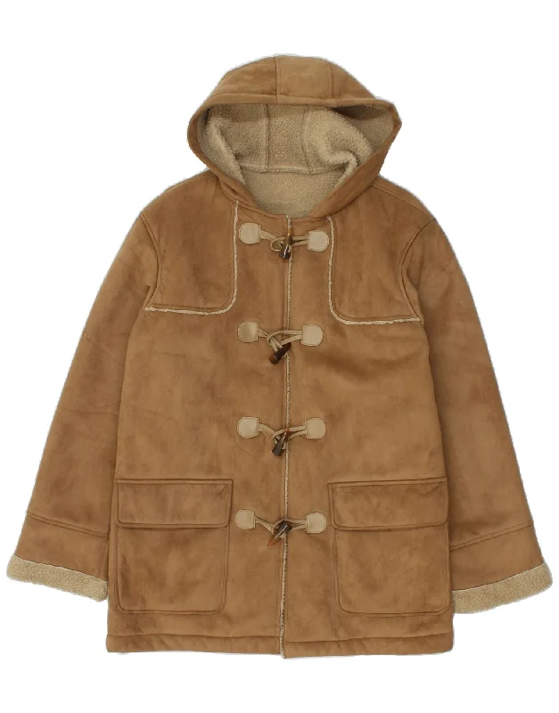 VINTAGE Womens Hooded Sherpa Duffle Coat UK 14 Large Brown Fur-Trimmed Winter Coat