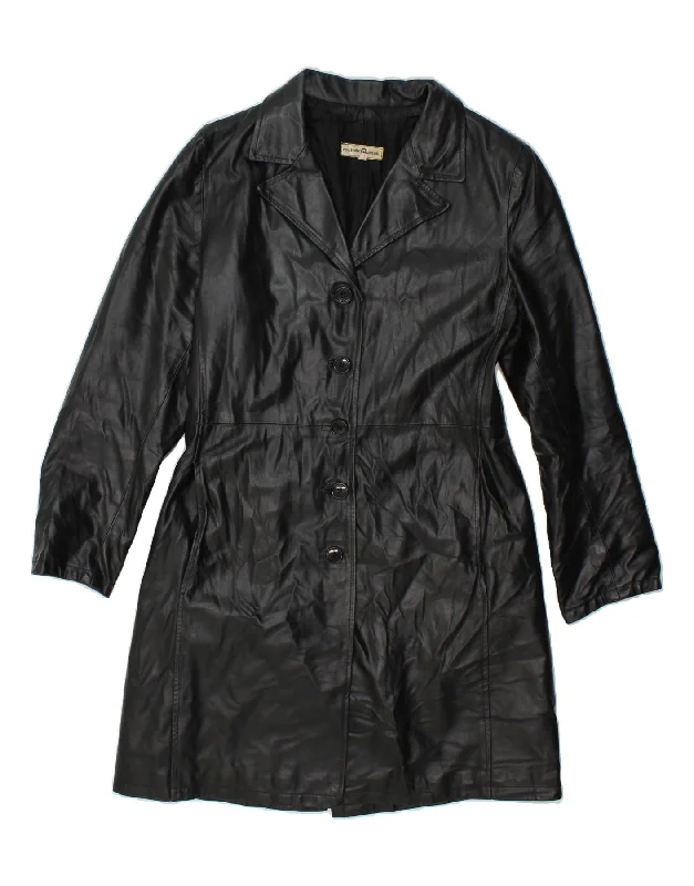 VINTAGE Womens Leather Coat IT 44 Medium Black Plaid Checkered Coat