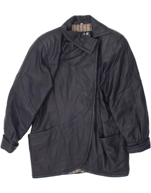 VINTAGE Womens Leather Coat IT 44 Medium Navy Blue Leather Stretchy Active Jacket