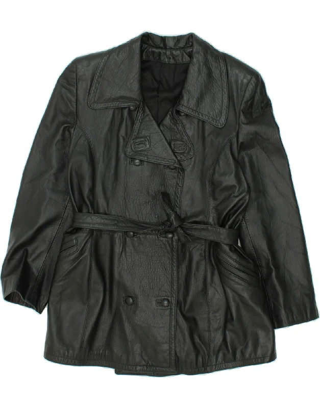VINTAGE Womens Leather Coat IT 46 Large Black Leather Thick Layered Jacket