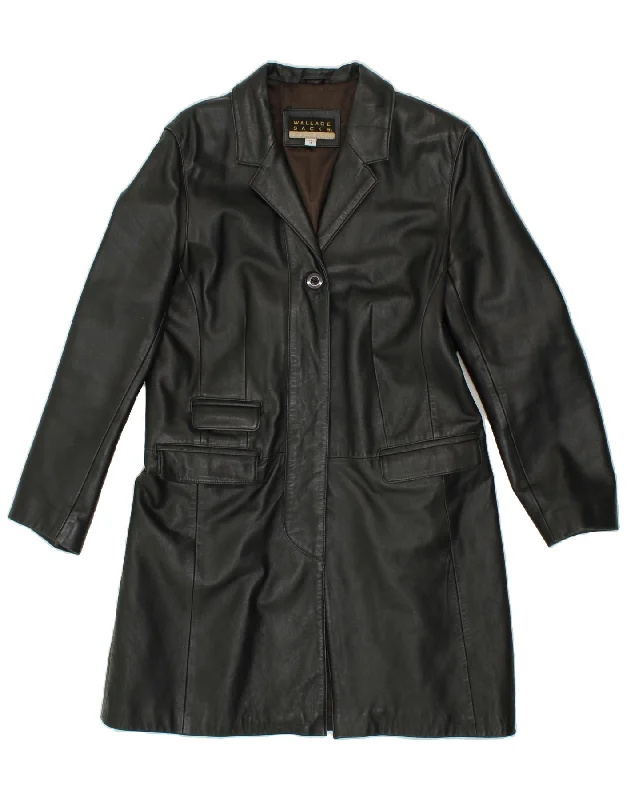 VINTAGE Womens Leather Coat UK 14 Large Black Leather Belted Midi-Length Coat