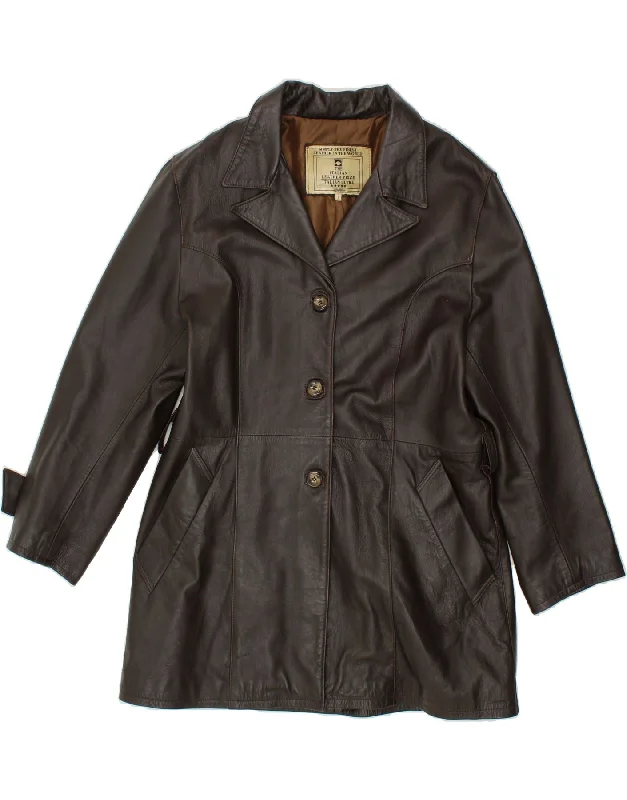 VINTAGE Womens Leather Coat UK 16 Large Brown Leather Cropped Fleece Jacket