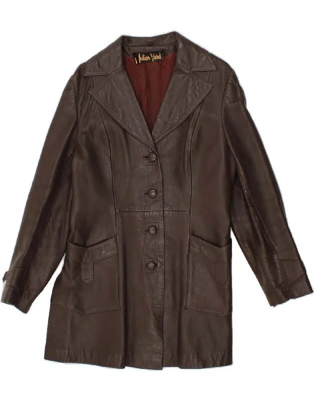VINTAGE Womens Leather Coat UK 16 Large Brown Button-Up Cardigan Coat