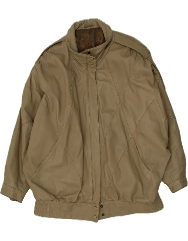 VINTAGE Womens Military Leather Coat UK 22 3XL Beige Relaxed Utility Shacket
