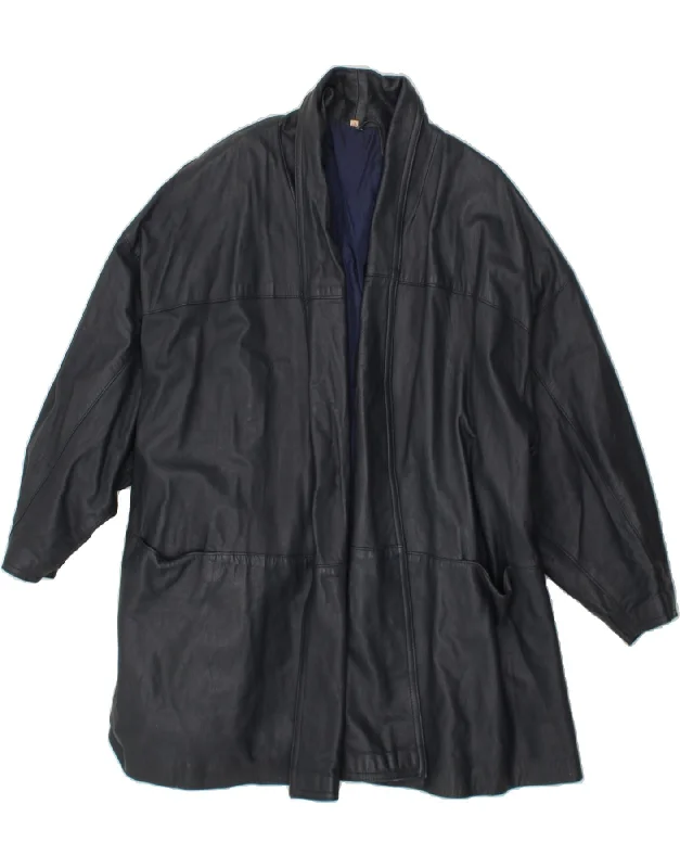 VINTAGE Womens Oversized Leather Coat IT 40 Small Navy Blue Leather Belted Wool Overcoat VINTAGE Womens Oversized Leather Coat IT 40 Small Navy Blue Leather Belted Wool Overcoat
