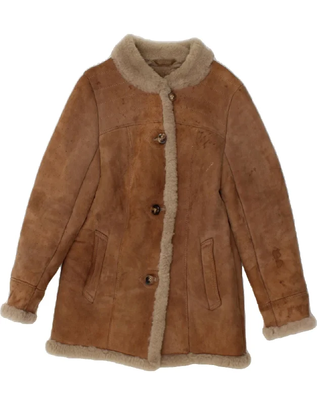 VINTAGE Womens Shearling Coat UK 12 Medium Brown Leather Streetwear Bomber Jacket