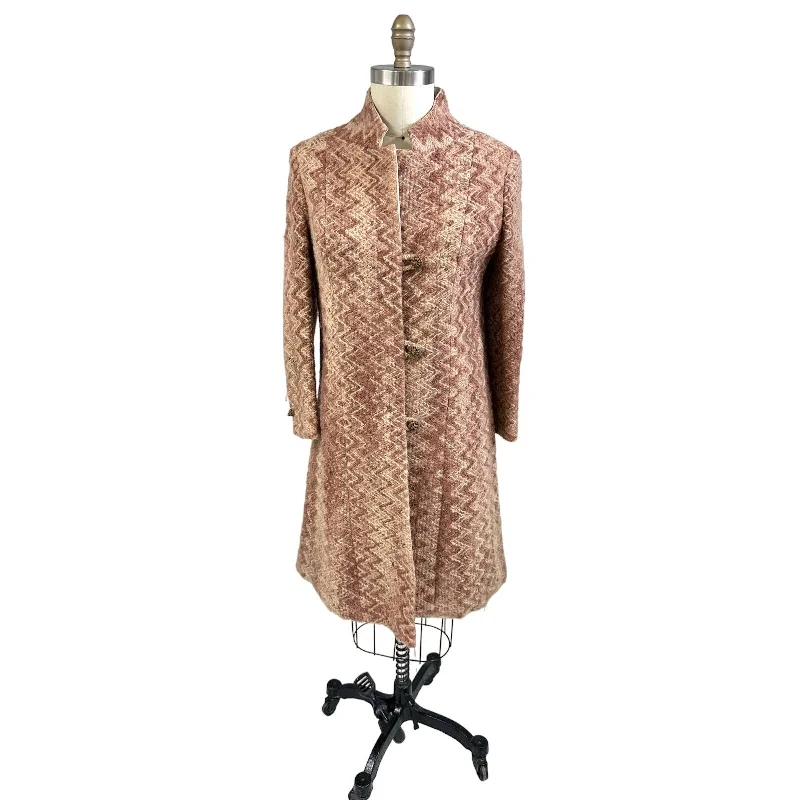 VTG 1970s Retro Womens Coat Rusty Zigzag Woven Wool w/ Rhinestone Cone Buttons Sz S/M