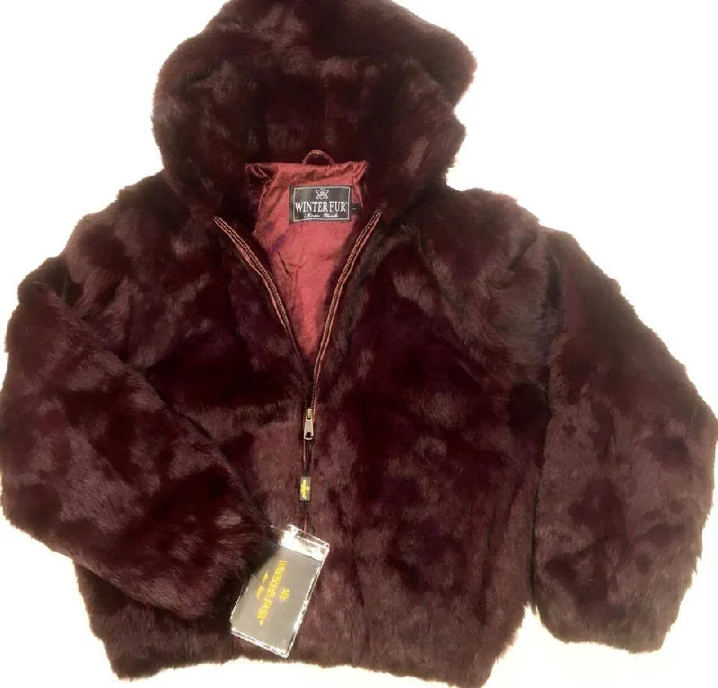 Winter Fur Women's Burgundy Bomber Rabbit Fur Coat Plaid Checkered Coat