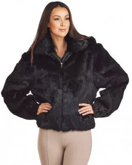 Winter Fur Women's Black Bomber Rabbit Fur Coat Puff Shoulder Coat