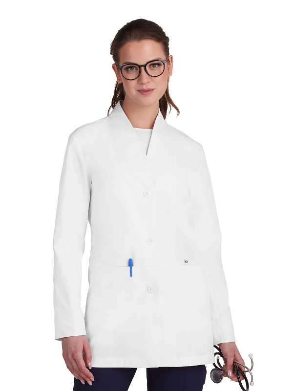 Women's Collarless Pearlized Button-Front Care Lab Coat Buttoned Peplum Coat