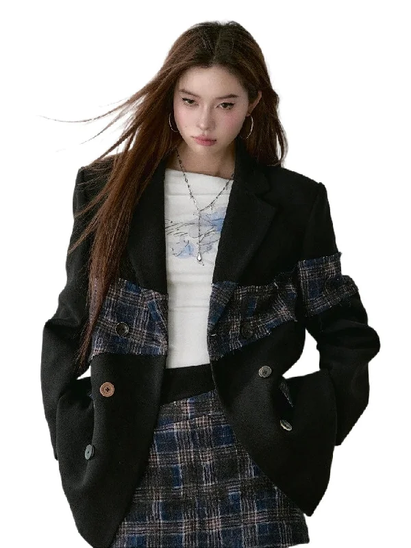 Wool Plaid Patchwork Mid-Length Coat Cozy Fleece Hoodie