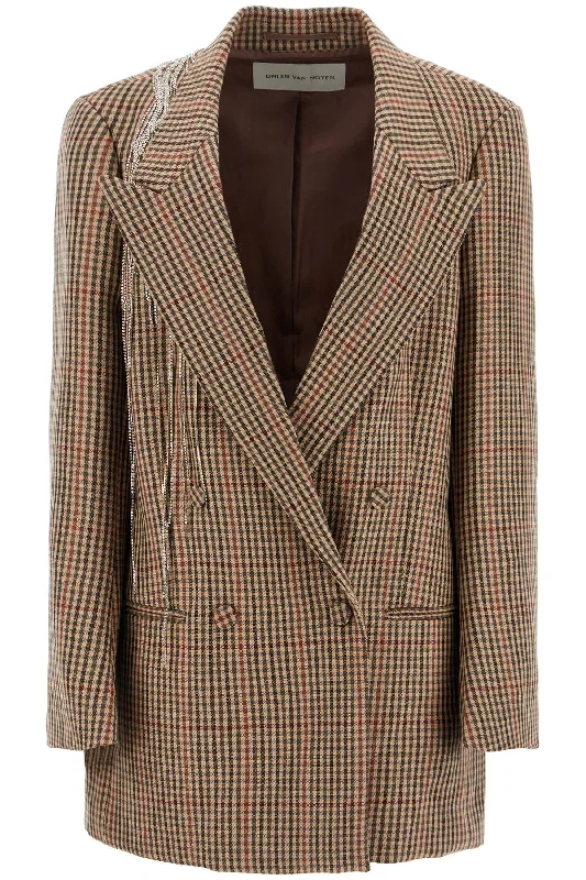 Blink Plaid Blazer With Crystal Chains  - Beige