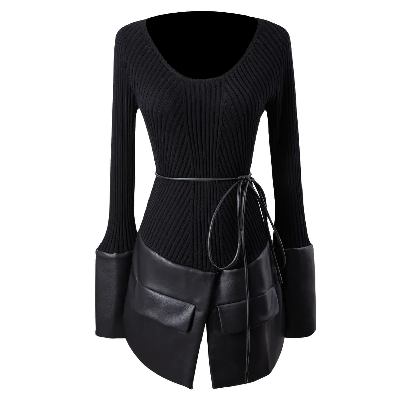 Fashion Women's Black O-neck Knitted Sweater / Pullover Sweaters with Leather and Lace Up