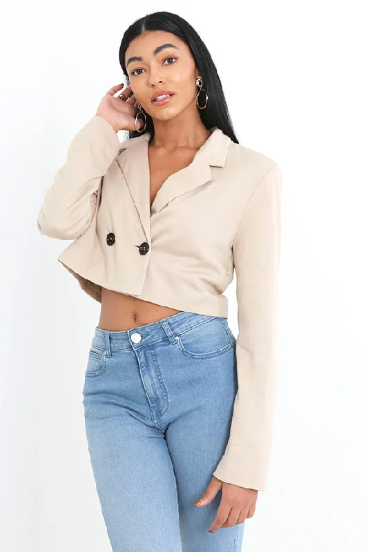 STONE JERSEY DOUBLE BREASTED CROPPED BLAZER