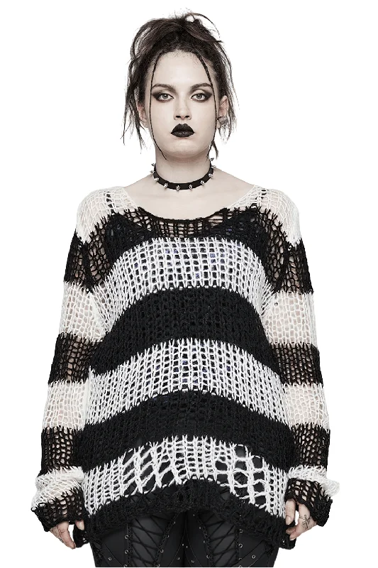 Stylish Mohair Striped Pullover with Irregular Holes