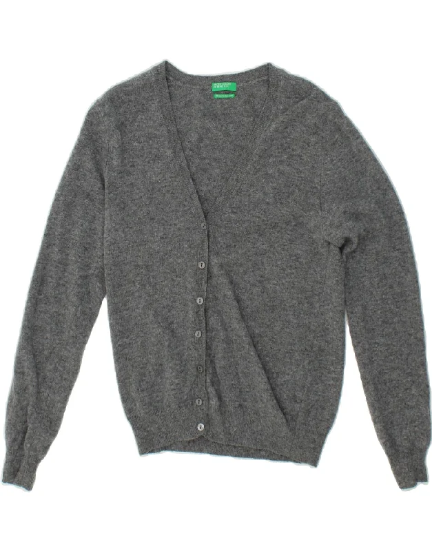 BENETTON Womens Cardigan Sweater UK 6 XS Grey Wool Mesh Blend Leather Blend Suede Blend BENETTON Womens Cardigan Sweater UK 6 XS Grey Wool Mesh Blend Leather Blend Suede Blend