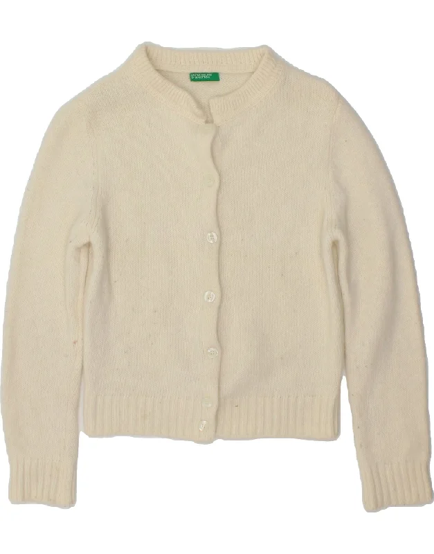 BENETTON Womens Crop Cardigan Sweater UK 12 Medium Off White Wool Boat Neck Shawl Collar Notched Collar BENETTON Womens Crop Cardigan Sweater UK 12 Medium Off White Wool Boat Neck Shawl Collar Notched Collar