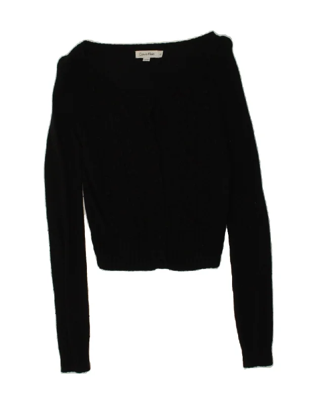 CALVIN KLEIN Womens Crop Cardigan Sweater UK 6 XS Black Viscose Velvet Chenille Corduroy
