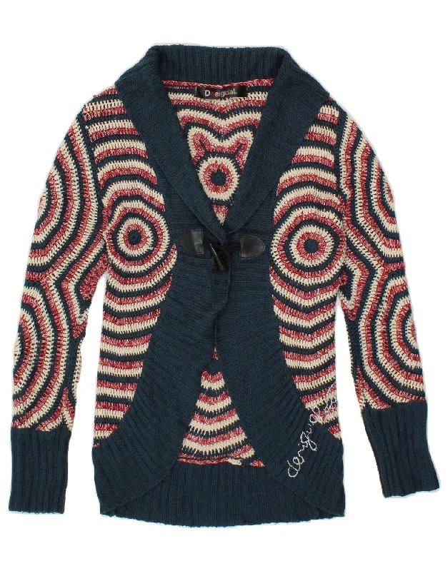 DESIGUAL Womens Cardigan Sweater UK 12 Medium Navy Blue Striped Acrylic