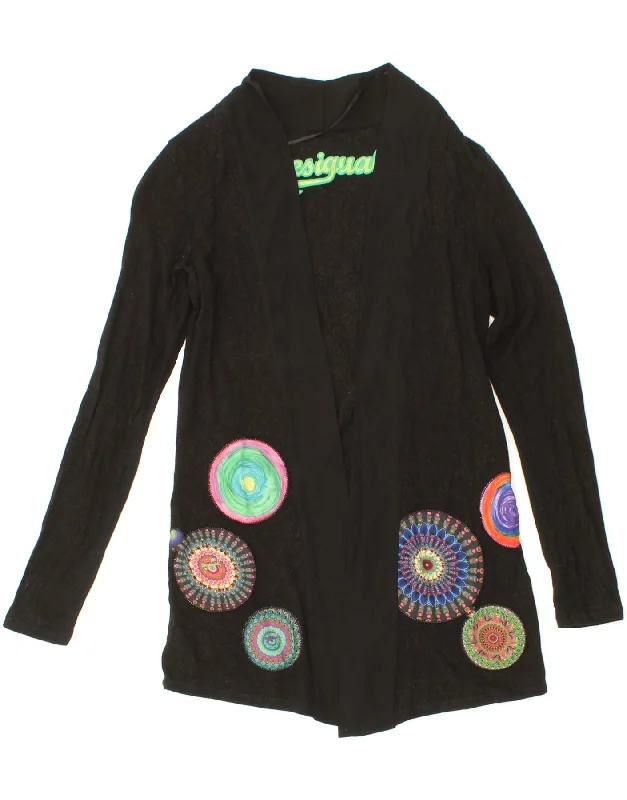 DESIGUAL Womens Graphic Open Cardigan Sweater UK 6 XS Black Floral Embroidered Appliqued Beaded DESIGUAL Womens Graphic Open Cardigan Sweater UK 6 XS Black Floral Embroidered Appliqued Beaded