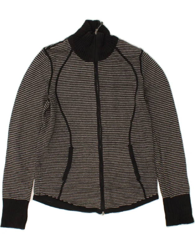 EDDIE BAUER Womens Cardigan Sweater UK 12 Medium Grey Striped Cotton Casual Formal Business