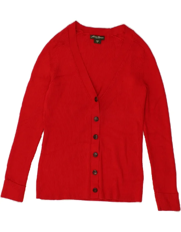 EDDIE BAUER Womens Cardigan Sweater UK 12 Medium Red Cotton