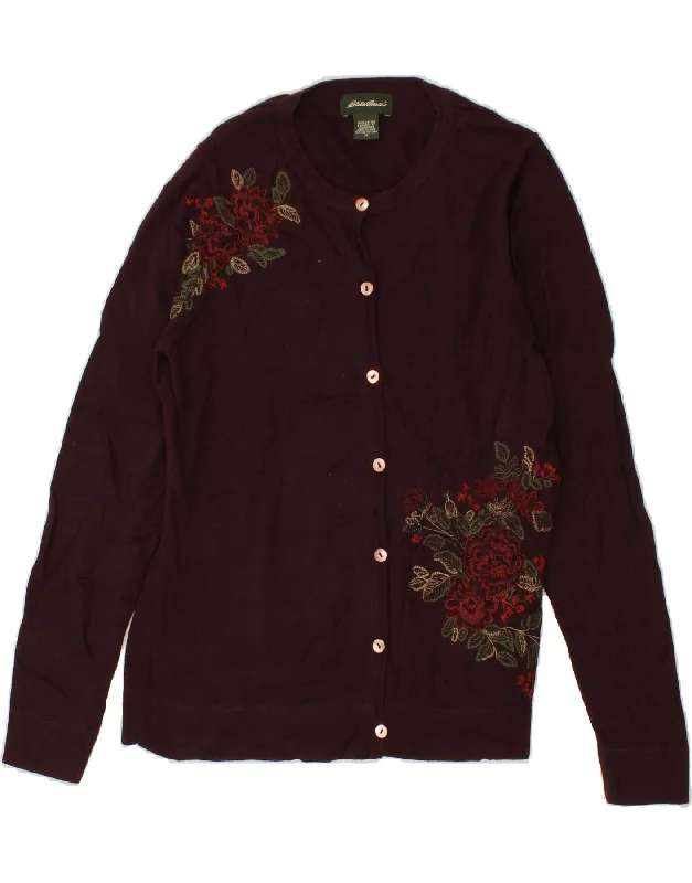 EDDIE BAUER Womens Cardigan Sweater UK 14 Medium Maroon Floral Cotton